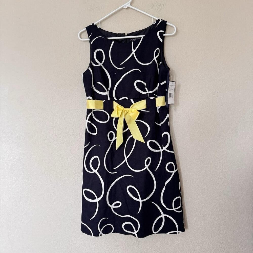 Jessica Howard Navy And White Dress Size 6 Yellow Bow At Waist Zip Closure